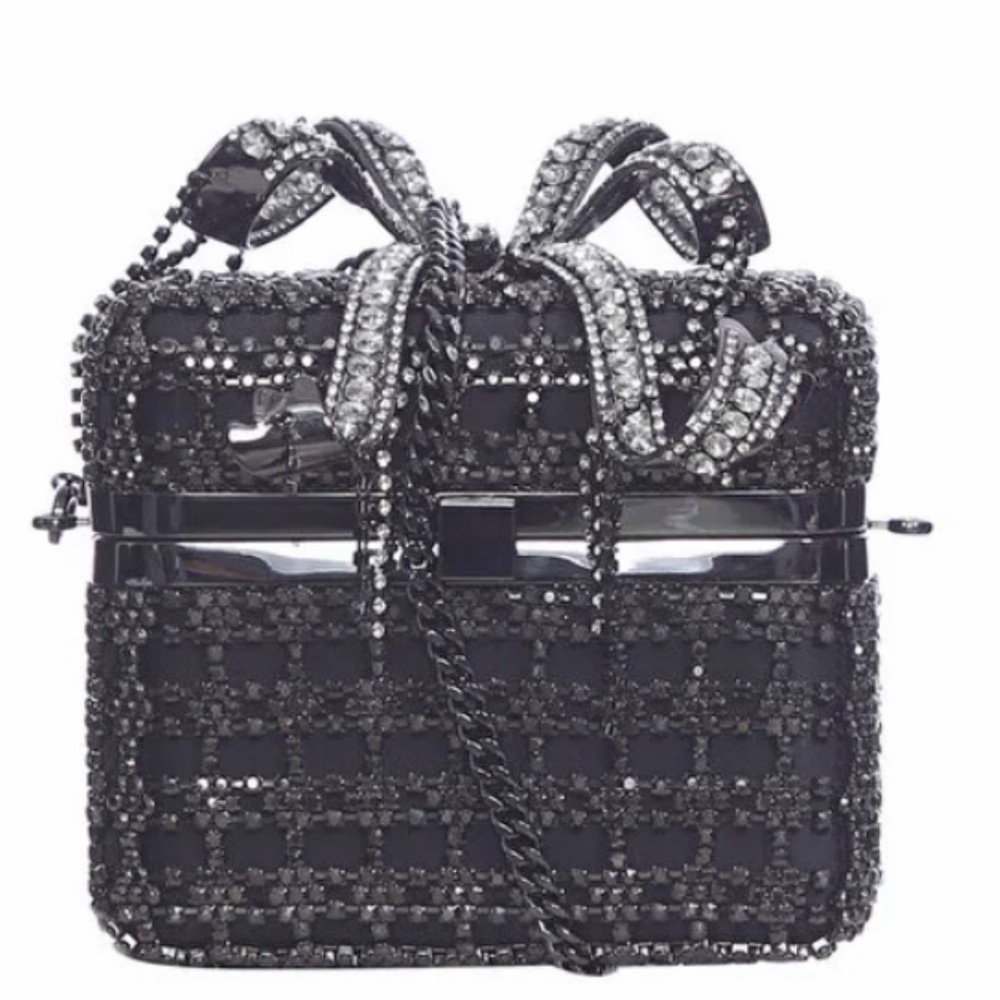 Self-Portrait Black and Silver Crystal Clutch